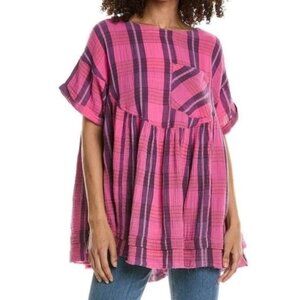 We The Free Pink & Purple Plaid Babydoll Tunic Top Small Cotton Short Sleeve